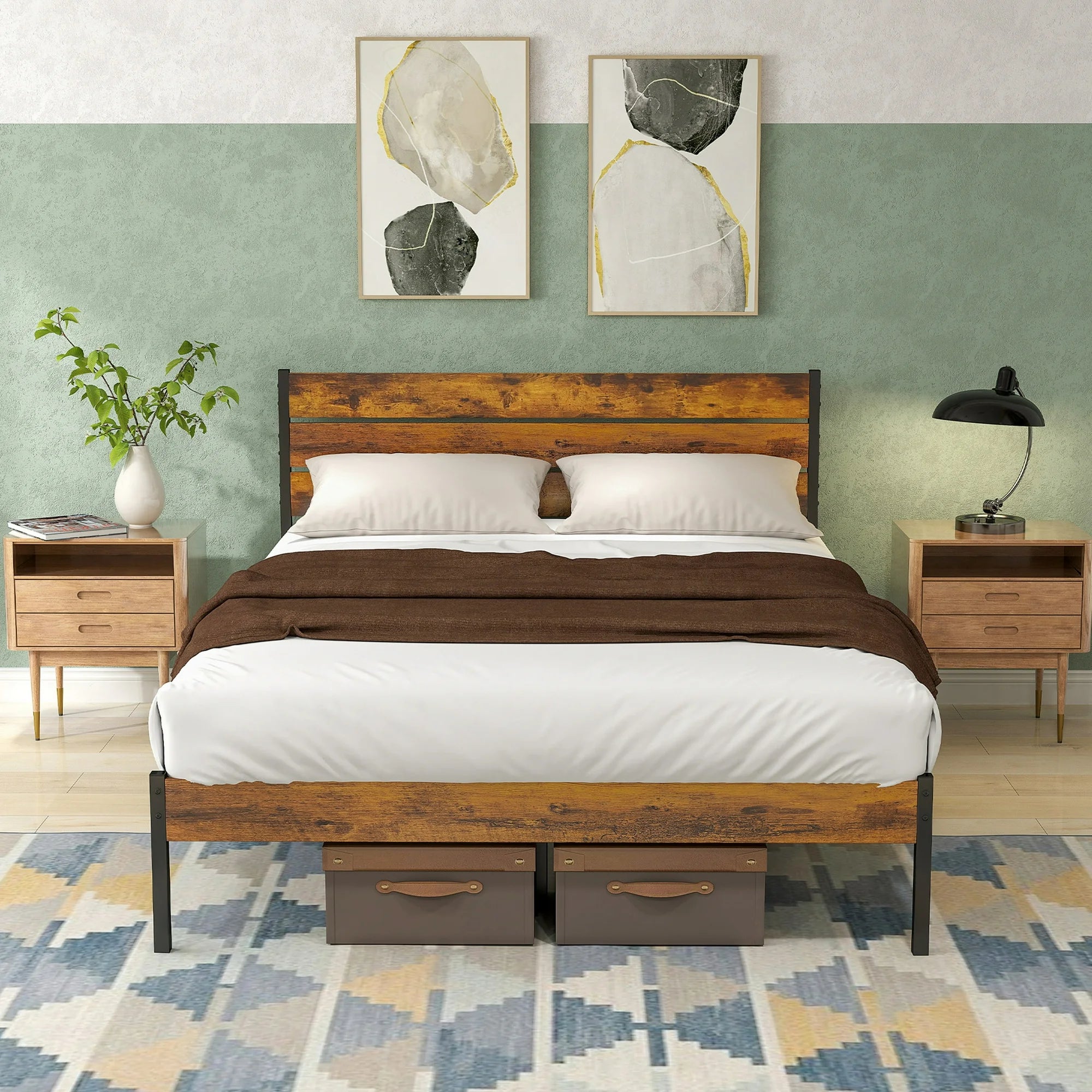 edx Twin Size Metal Bed Frame with Wooden Headboard, Under Bed Storage, Noise-Free, No Box Spring Needed, Easy Assembly, Brown