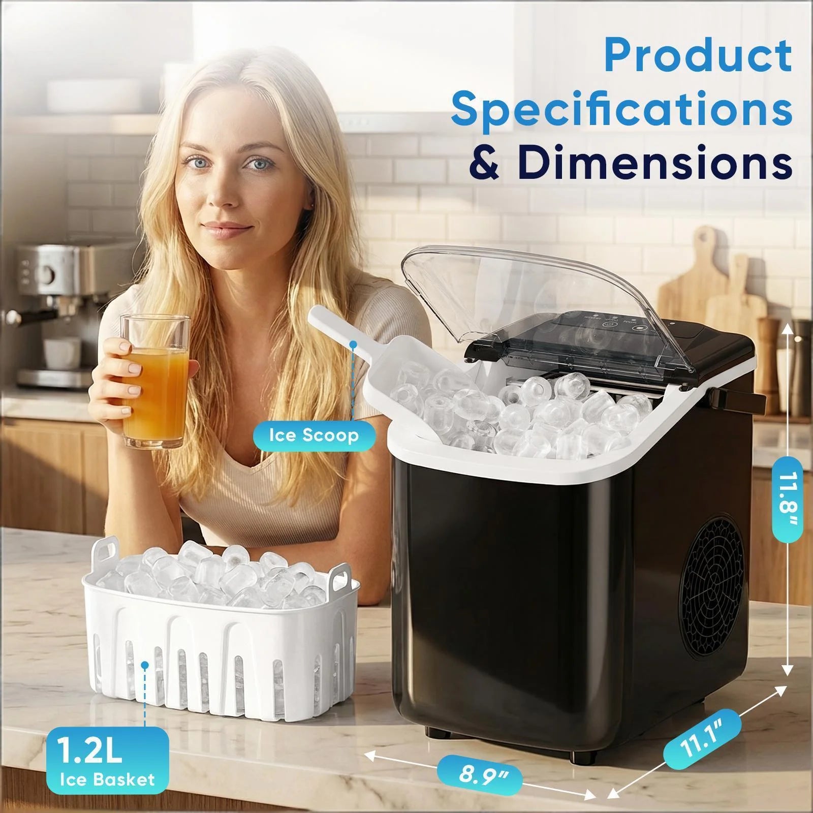 edx Ice Maker, Self-Cleaning Countertop Ice Maker, with Handle & Ice Scoop, 9 Bullet Cubes in 6~8 Mins, 26lbs Daily