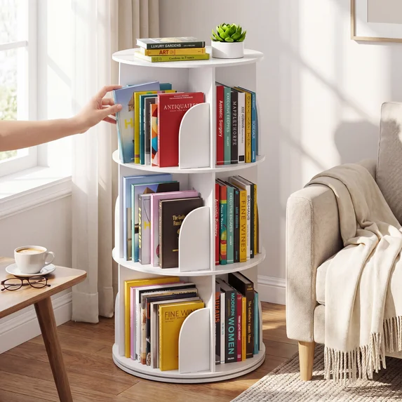 EDX Rotating Bookshelf Tower, Revolving 360 Book Shelf Storage Round Carousel, Vertical Rotate Turning Spiral Corner Organizer, White