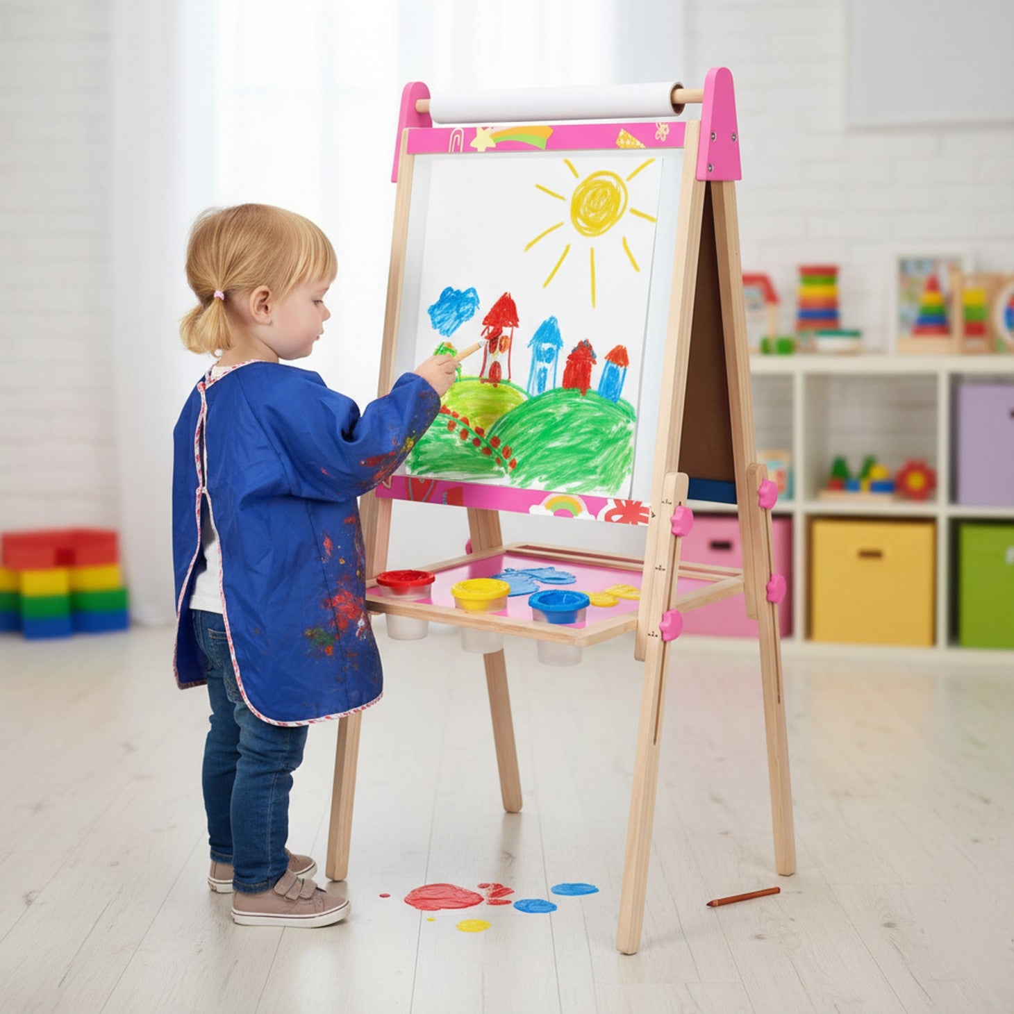 edx Kids Art Easel for 3+ Years Old, Adjustable Wooden Double-Sided Magnetic Chalkboard & Whiteboard with Paper Roll Holder, Toddler Drawing Easel Gift for Boys & Girls