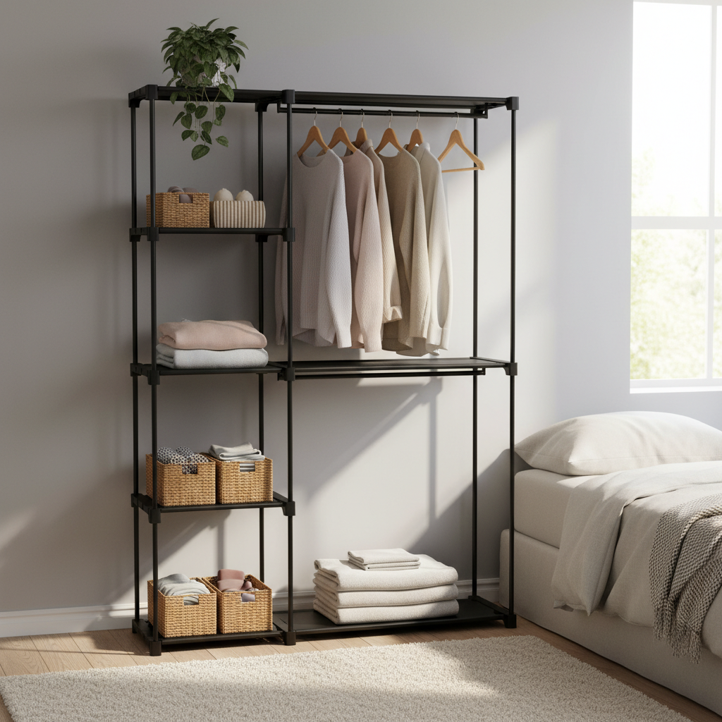 edx Portable Closet, Freestanding Closet Storage Rack with Shelves, Hanging Rod & Storage Shelves