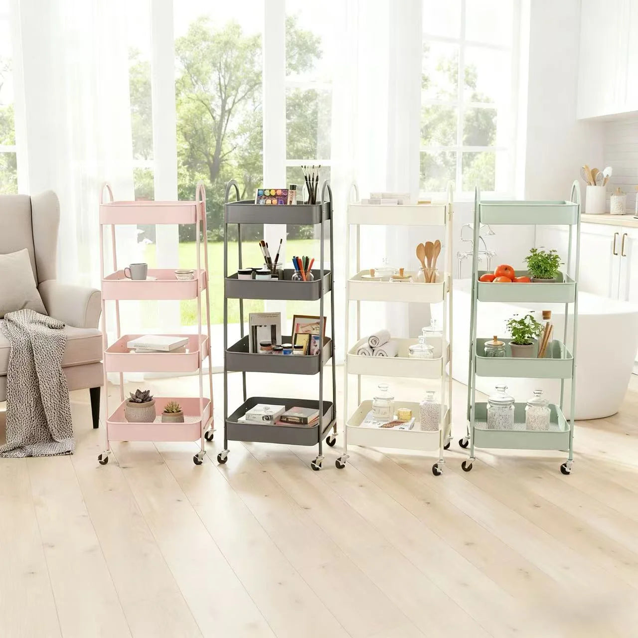 EDX 4-Tier Rolling Cart, 132 lbs Metal Utility Cart Storage Organizer with Lockable Casters, Multi-Functional Mesh Rolling Storage Cart for Kitchen Office