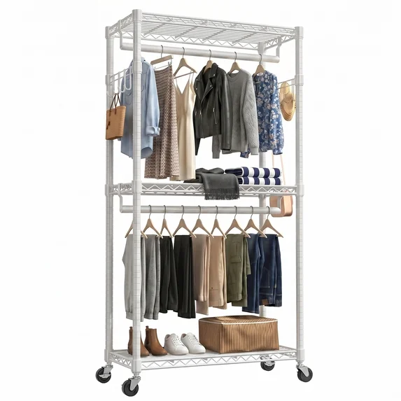 edx Clothes Rack, Heavy-Duty Garment Rack with Shelves & Wheels, Freestanding Wardrobe Organizer with Hooks, Ideal for Bedroom, Laundry, or Balcony