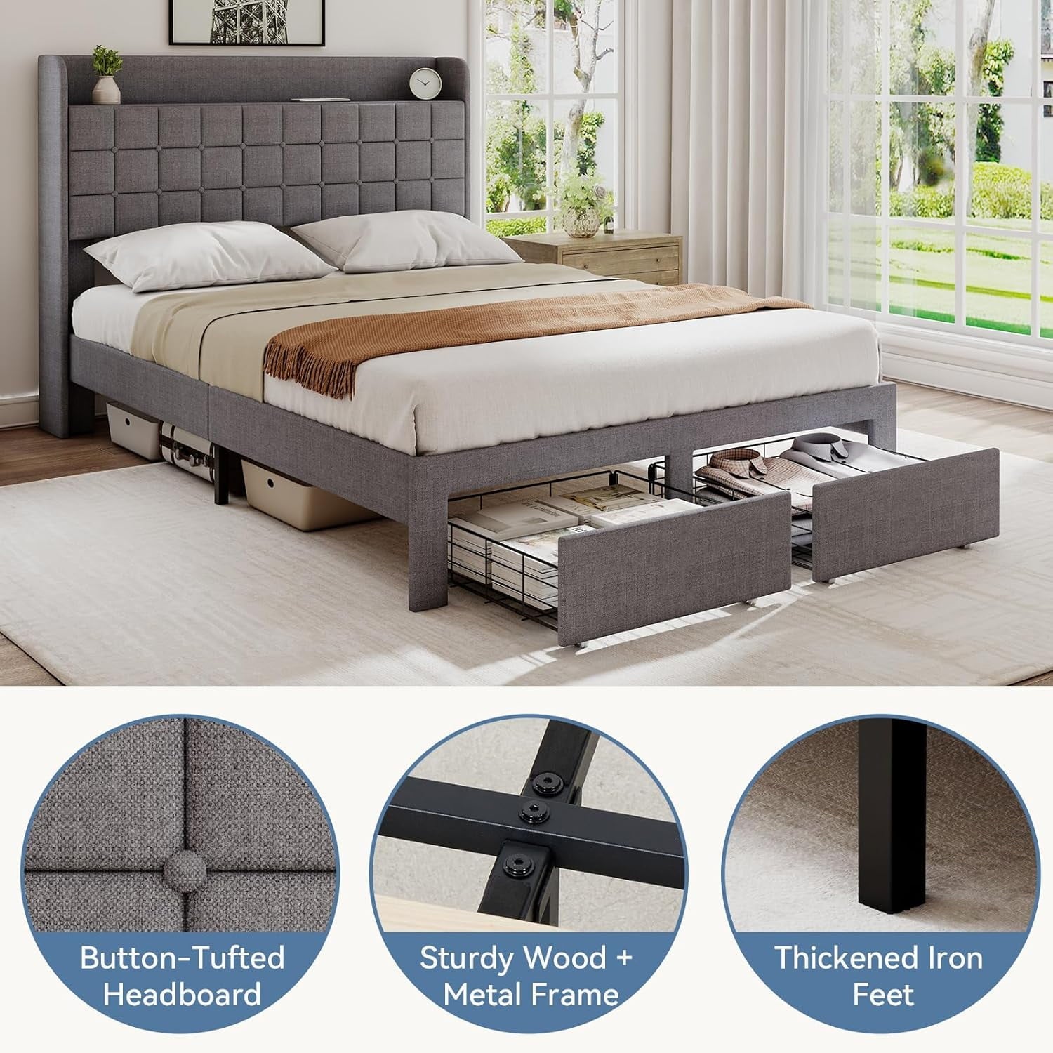 EDX Upholstered Bed Frame with Storage Drawers and Fabric Headboard, Steel Support Frame