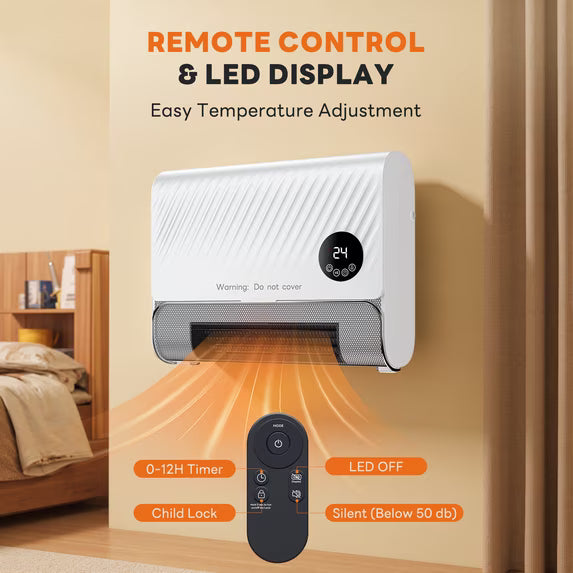 edx Electric Wall Heater, 1500W Wall Mounted Space Heater with Thermostat, Remote Control & Touch Screen, for Indoor Use