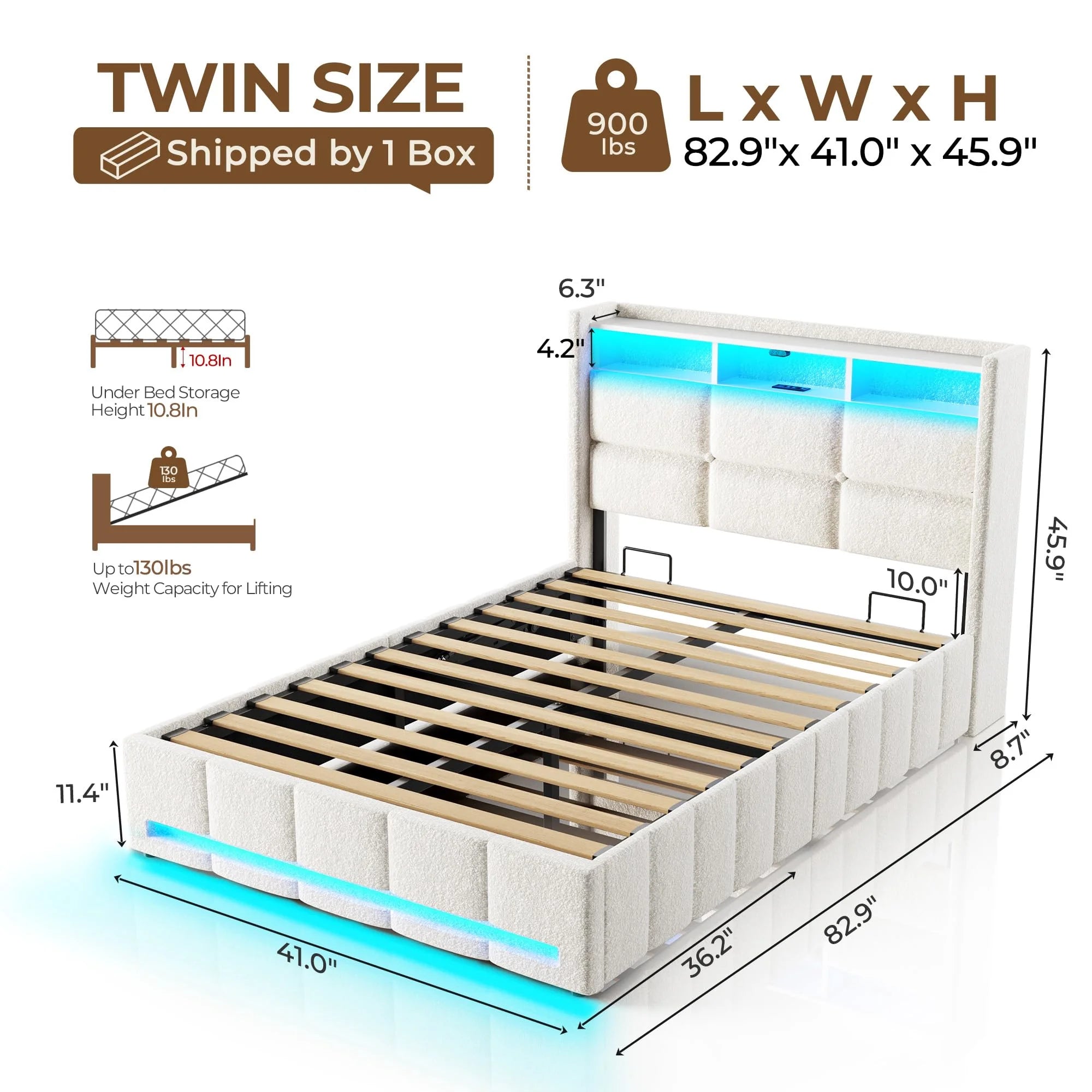 edx Upholstered Lift Up Storage Bed with LED Lights & USB Charging Station, Twin Size Platform Bed Frame with Underbed Storage, No Box Spring Needed, Wood Slat Support