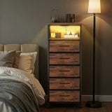 edx 3 Fabric Drawers Nightstand with Charging Station & USB/Type-C Ports and Outlets, Variable Light Strip Bedside End Table with Adjustable Feet for Bedroom, Rust Brown