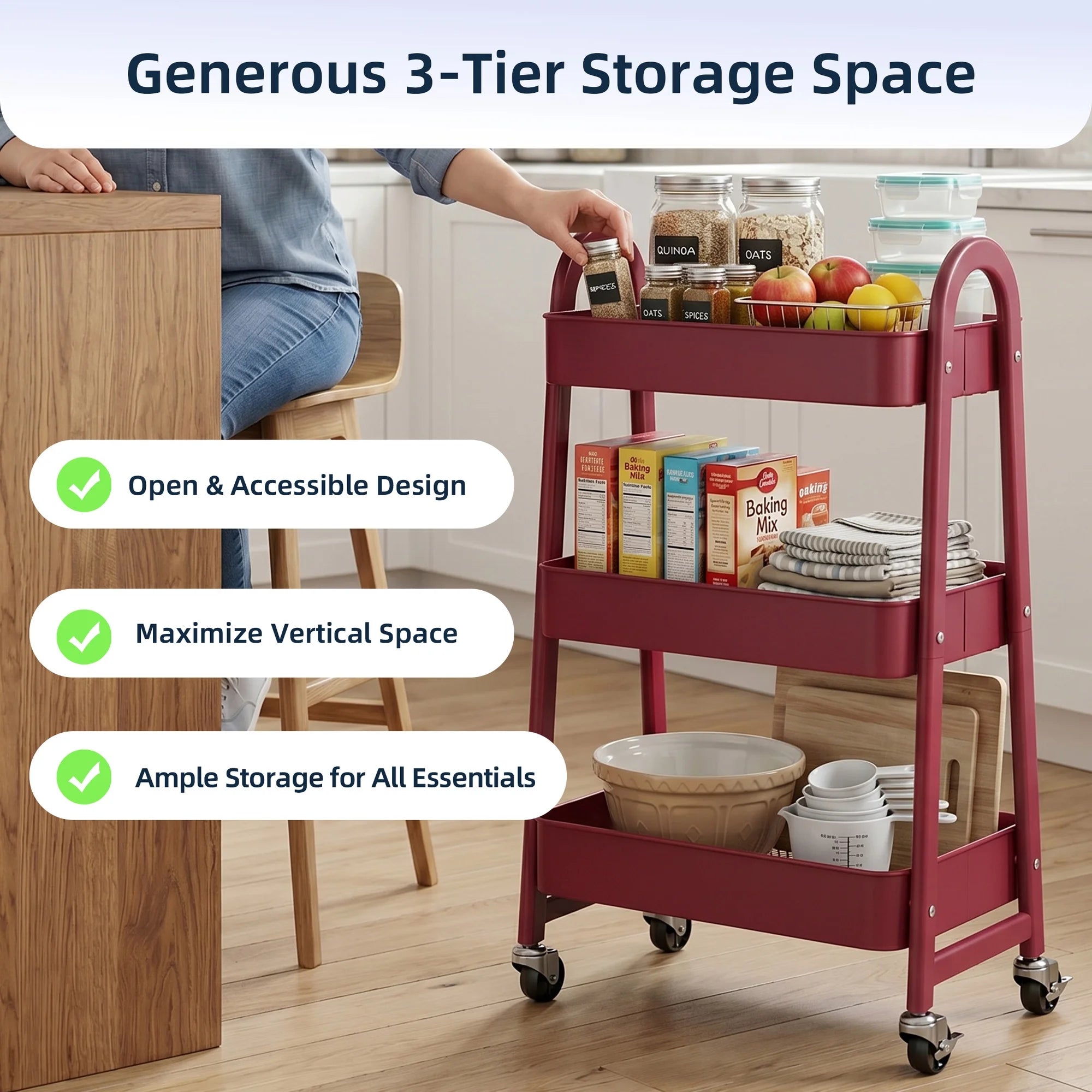 ZUNMOS 3 Tier Rolling Cart, Metal Utility Storage Cart with Lockable Wheels for Livingroom, Bathroom, Kitchen & Narrow Spaces