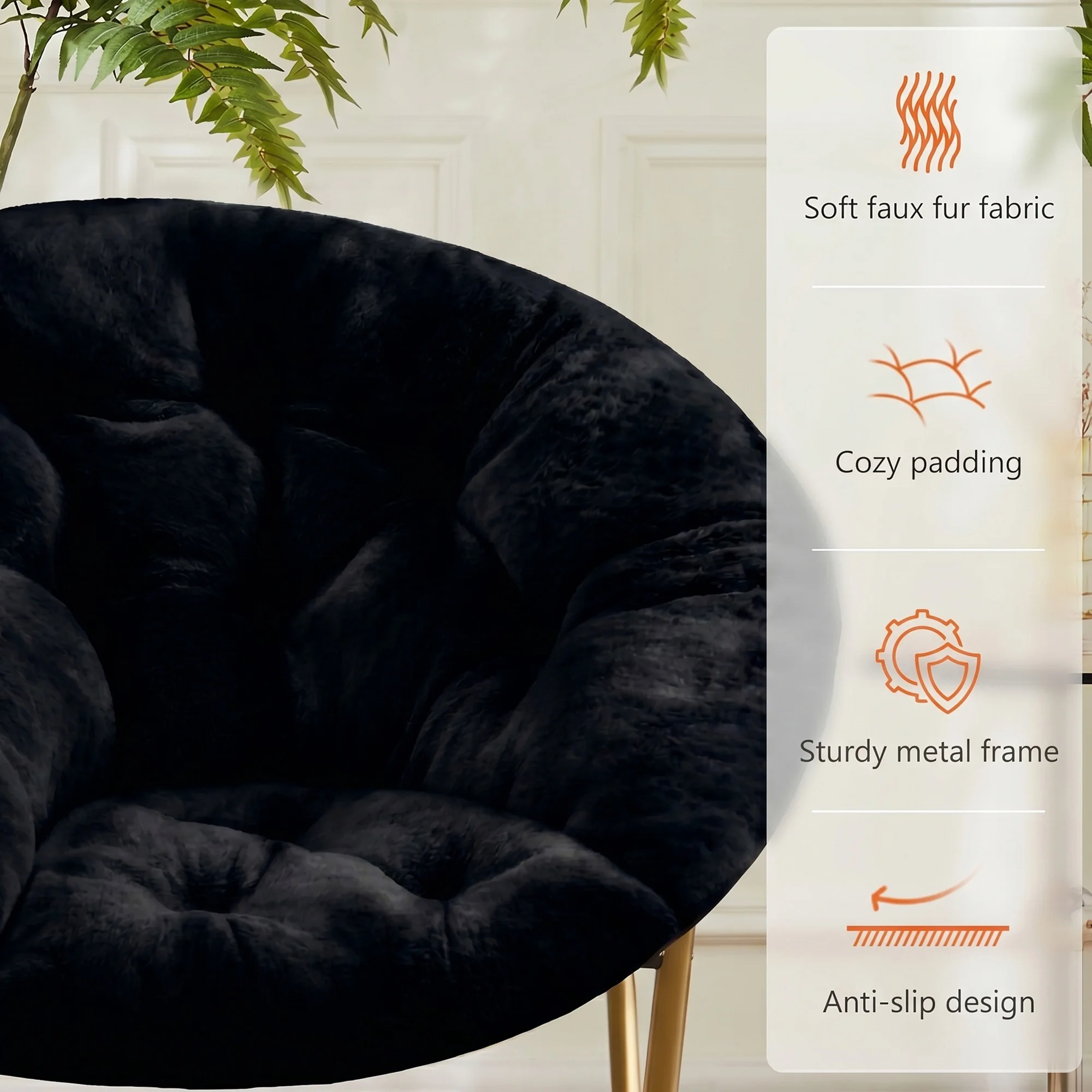 Faux Fur Folding Saucer Chair, Foldable Accent Chair for Adults, Soft Plush Seat, Lightweight & Comfortable, Black