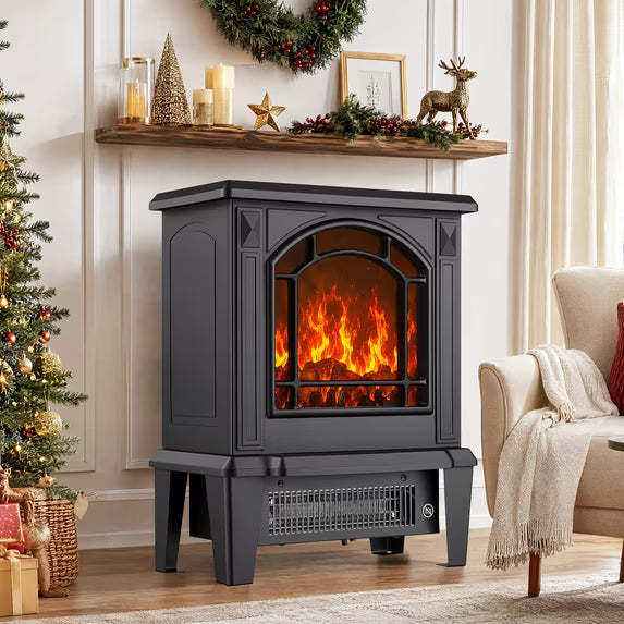 edx 1400W Freestanding Electric Fireplace Heater, 2 Heat Settings Compact Indoor Space Heater with Realistic Log and Flame Design, Tip-Over & Overheat Protection, Black