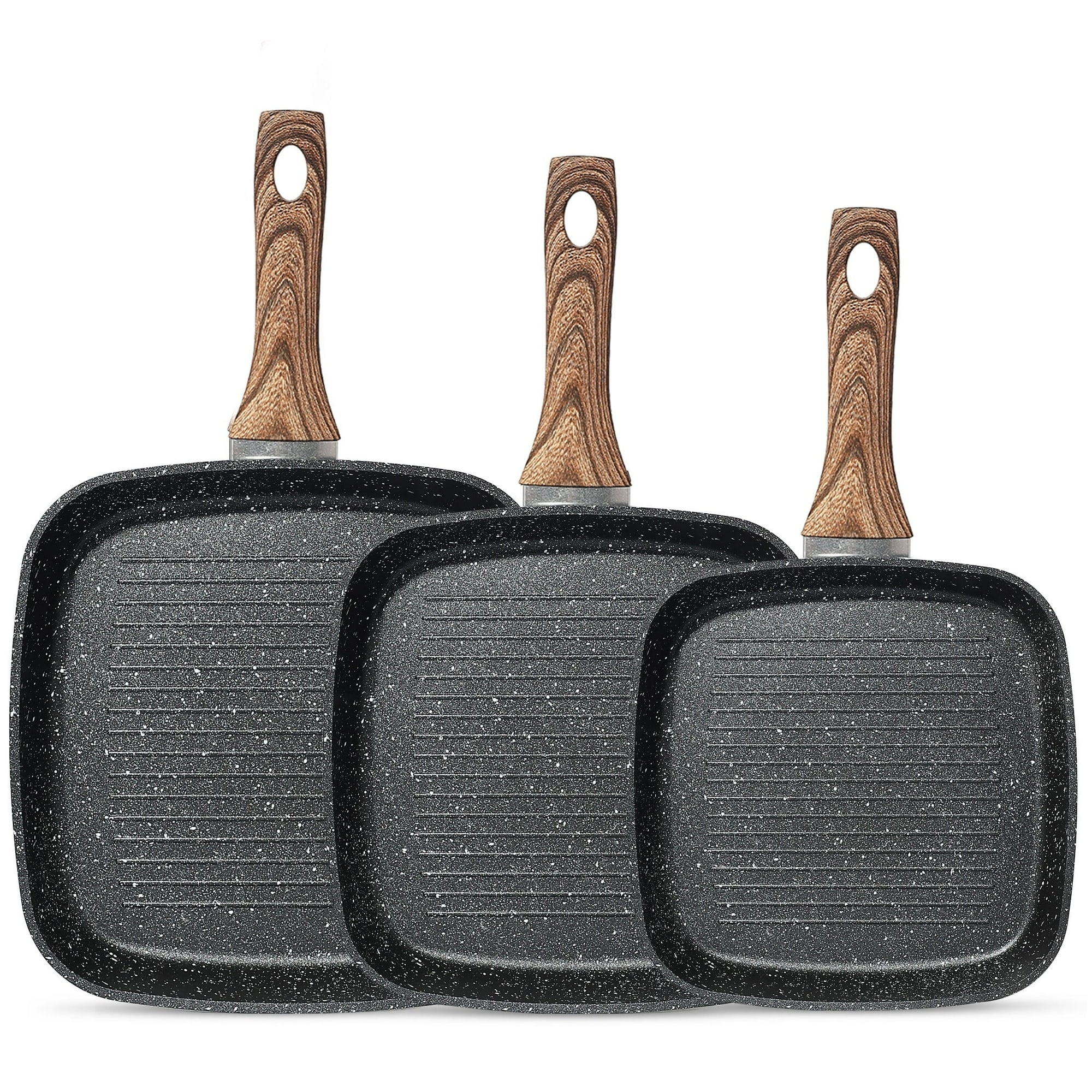 EDX 3 Piece Nonstick Grill Pans, Square Frying Pans Set with Stay Cool Handle ,for Indoor Outdoor RV Camping Cooking