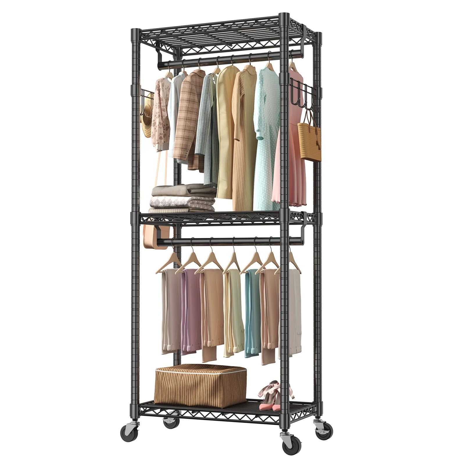 edx 3 Tier Heavy Duty Rolling Garment Rack with Lockable Rollers,Freestanding Clothing Rack