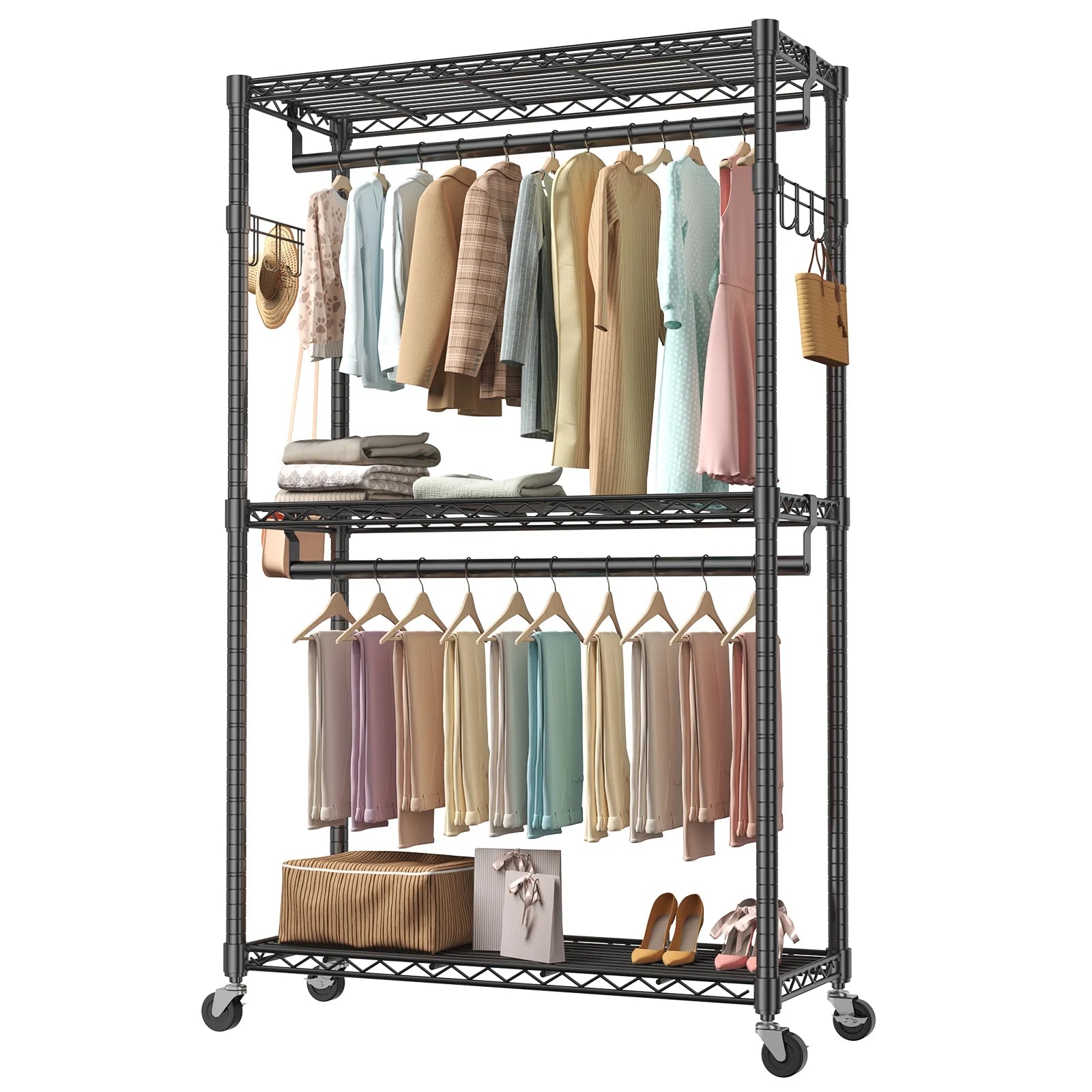 edx 3 Tier Heavy Duty Rolling Garment Rack with Lockable Rollers,Freestanding Clothing Rack