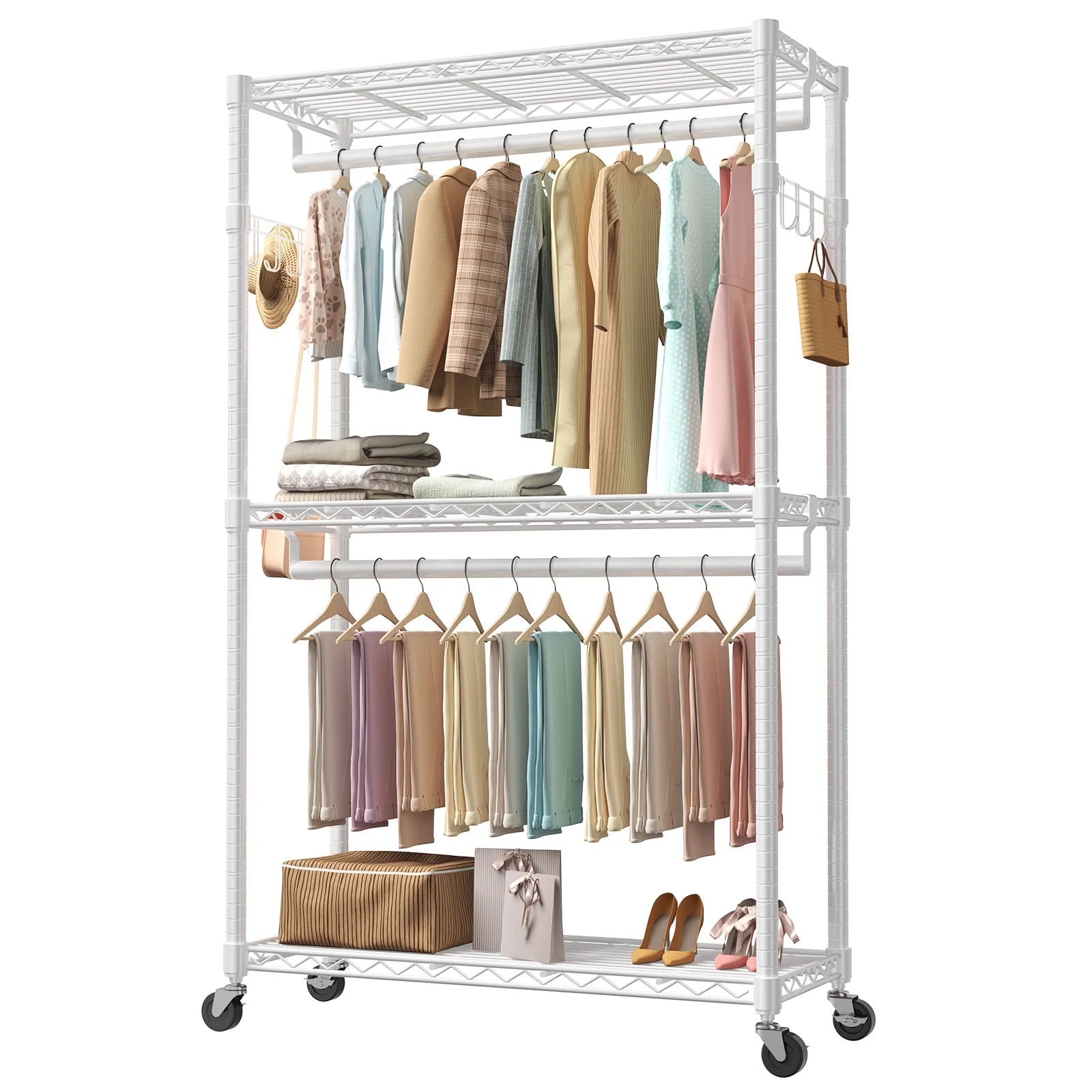 edx 3 Tier Heavy Duty Rolling Garment Rack with Lockable Rollers,Freestanding Clothing Rack