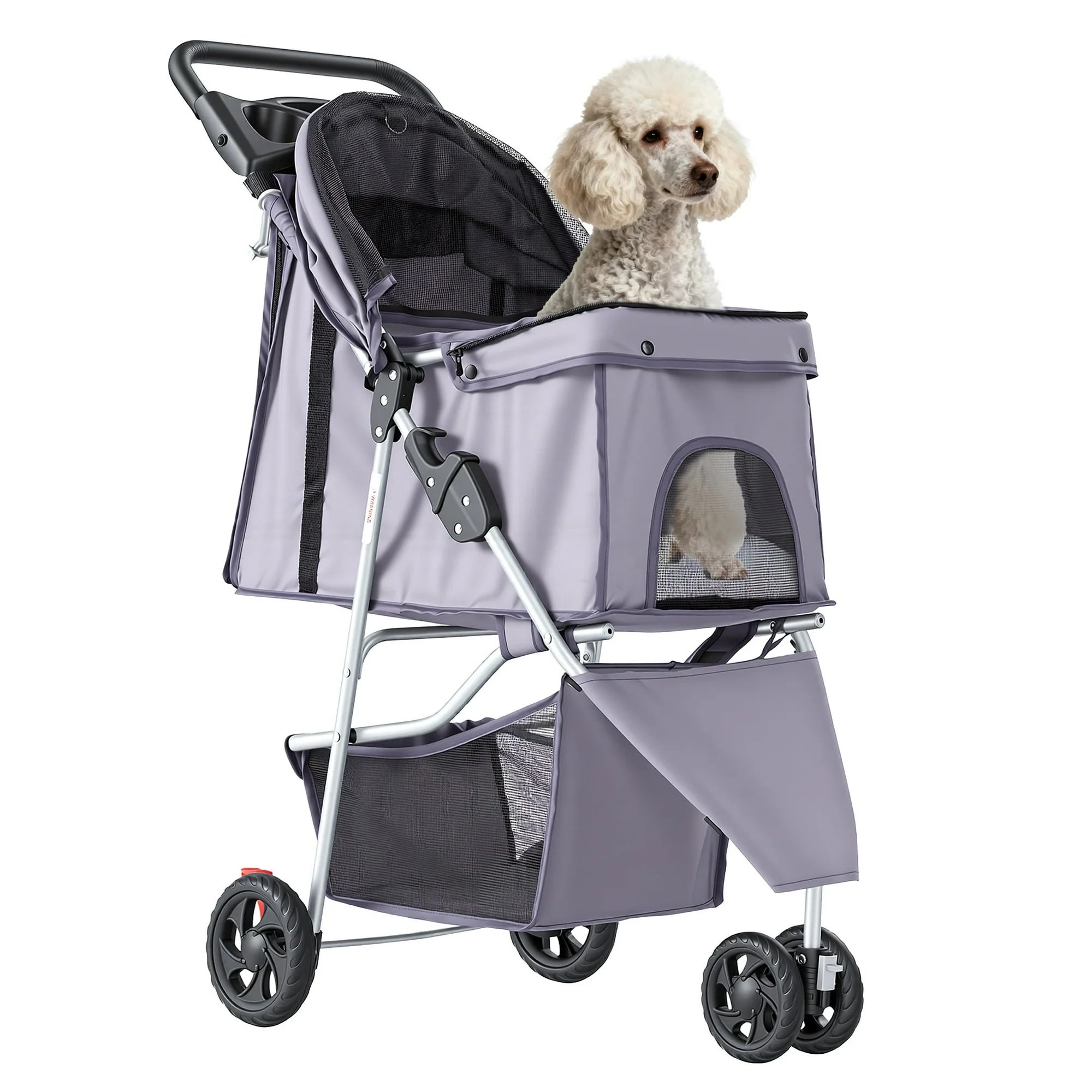 edx 3 Wheels Pet Stroller, Dog and Cat Strollers, With Storage Basket and Cup Holder, Lightweight Travel Carrier, Breathable Mesh, Waterproof and Foldable for Small Pets Outdoor Walk