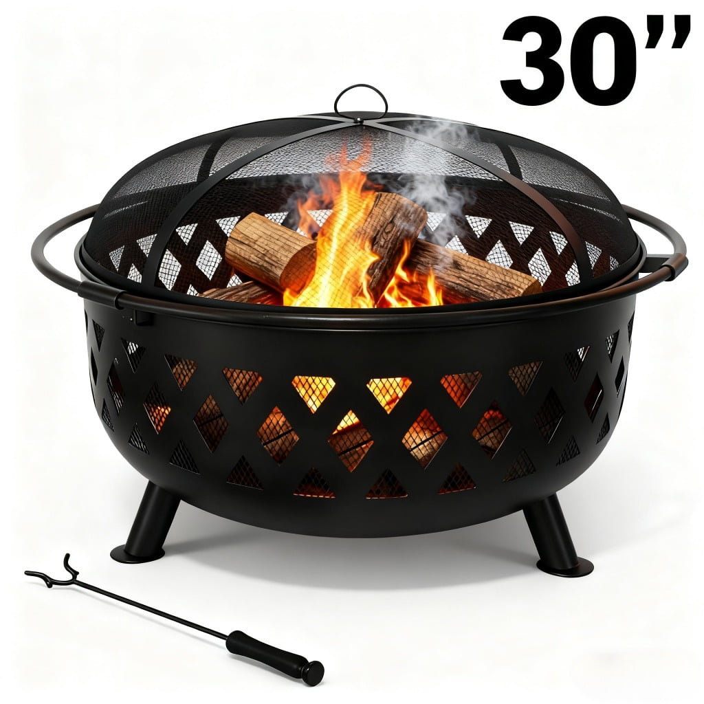 edx Outdoor Round Wood Burning Fire Pit with Spark Screen & Poker, Portable Steel Fire Bowl for Backyard, Patio, Bonfire, Camping, and Picnic