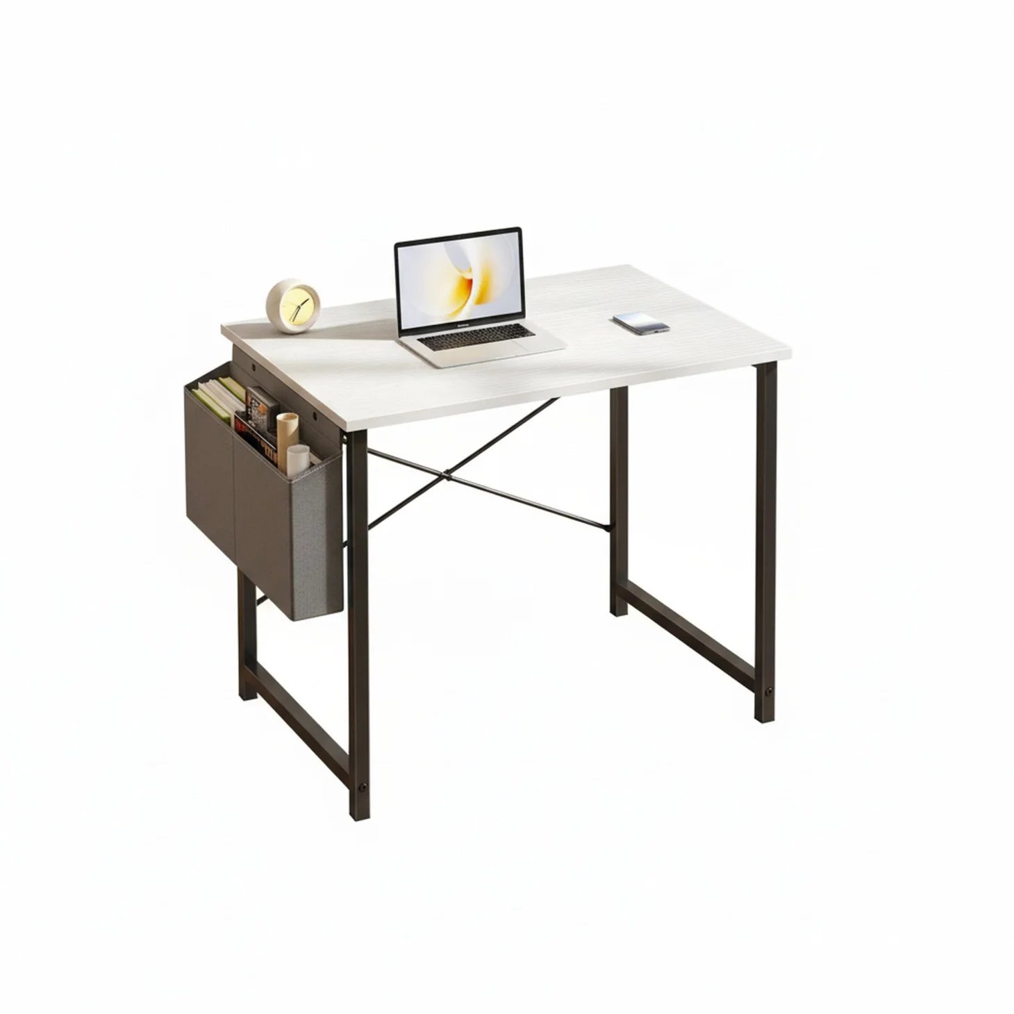 edx Home Office Desk, Computer Desk with Storage Bag & Hook, Waterproof Top & Metal Frame, Modern Simple Study Writing Table for Bedroom