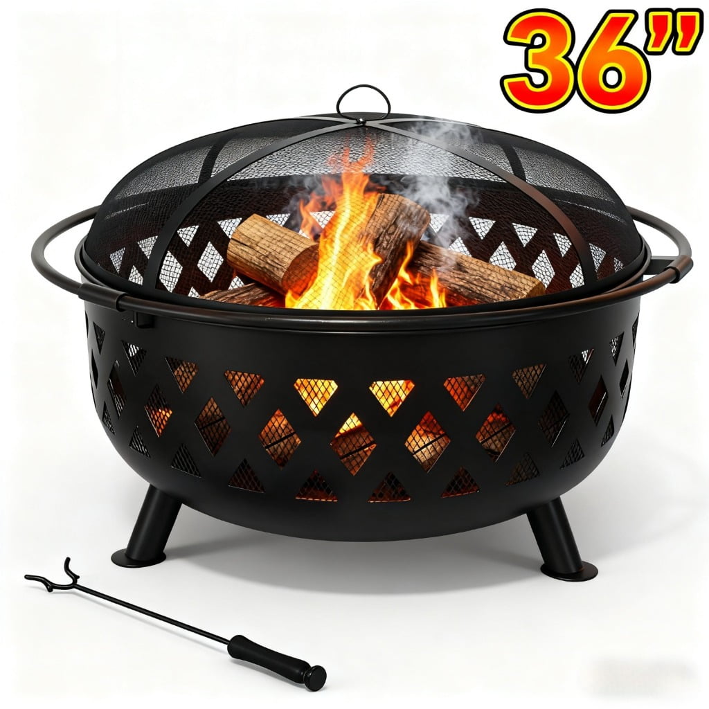edx Outdoor Round Wood Burning Fire Pit with Spark Screen & Poker, Portable Steel Fire Bowl for Backyard, Patio, Bonfire, Camping, and Picnic