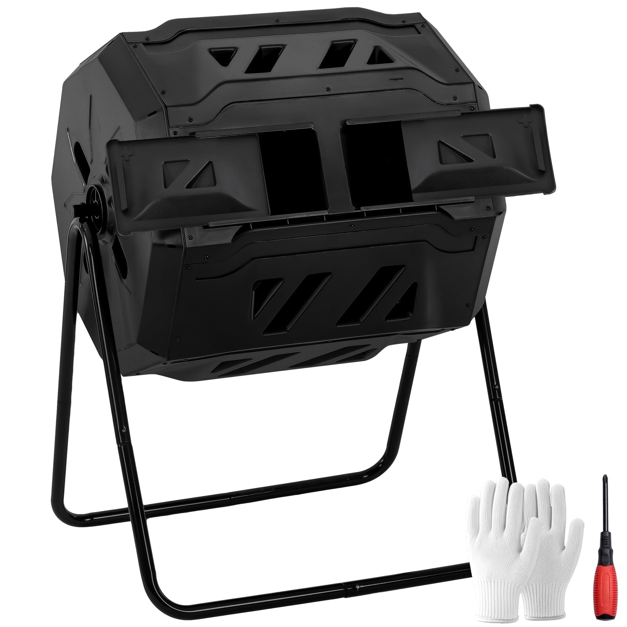 edx 43 Gal Dual Chamber Compost Bin with Tumbling Design & Sliding Doors, Outdoor Garden Waste Recycling Tumbler for Organic Composting