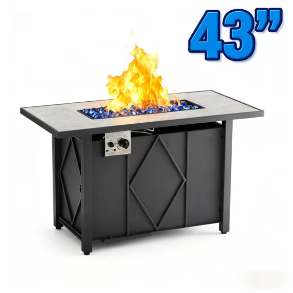 edx 43" Propane Fire Pit Table with Lid & Blue Glass Rock, 50,000 BTU Outdoor Rectangular Steel Gas Fire Pit with Waterproof Cover for Patio, Backyard and Deck, Black