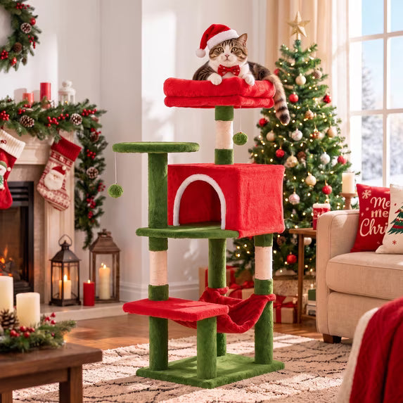 edx Christmas Multi‑Level Cat Tree, Cat Tower with Natural Sisal Scratching Posts, 4 Spacious Tiers & Hanging Toy for 1‑2 Cats & Active Cats
