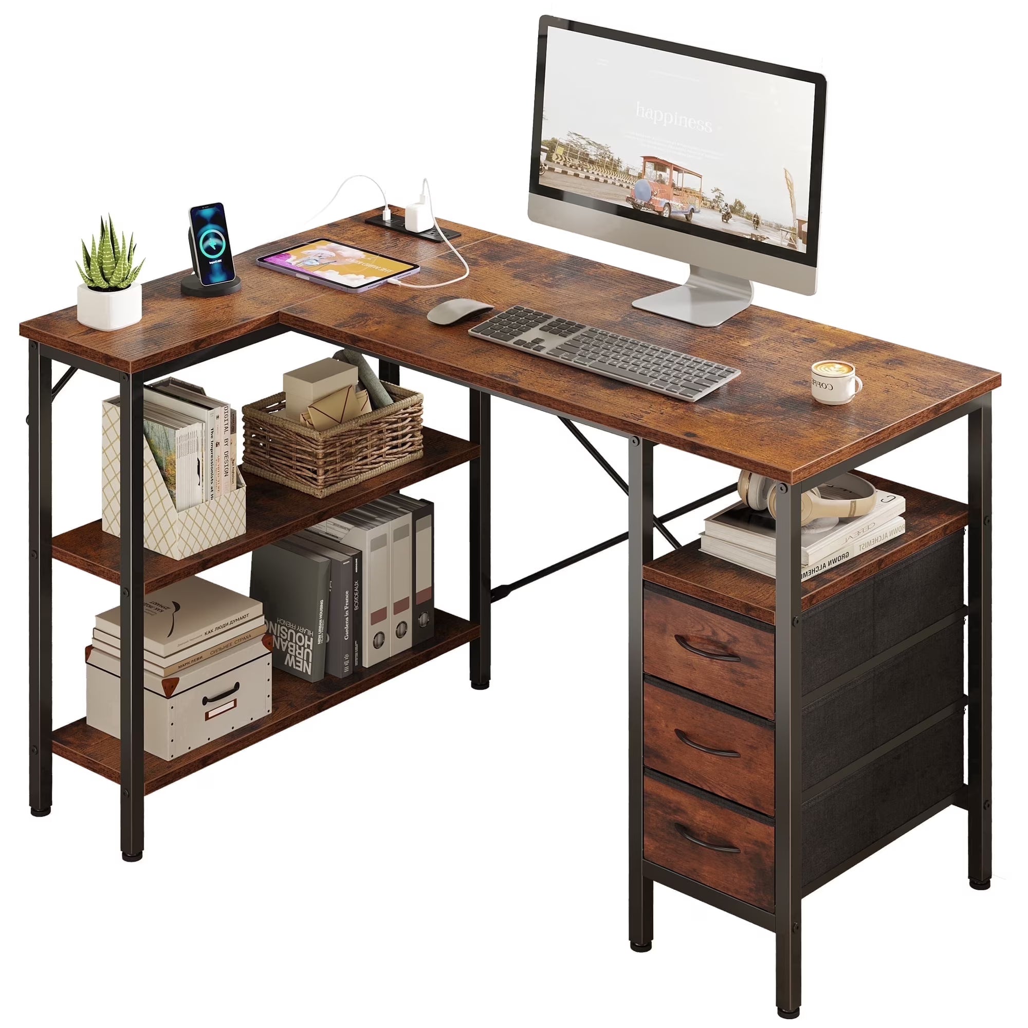 EDX L Shaped Desk with Power Outlets, Computer Desk with 3 Drawers, Shelves, Monitor Stand, for Gaming, Corner Work, Home Office, Study