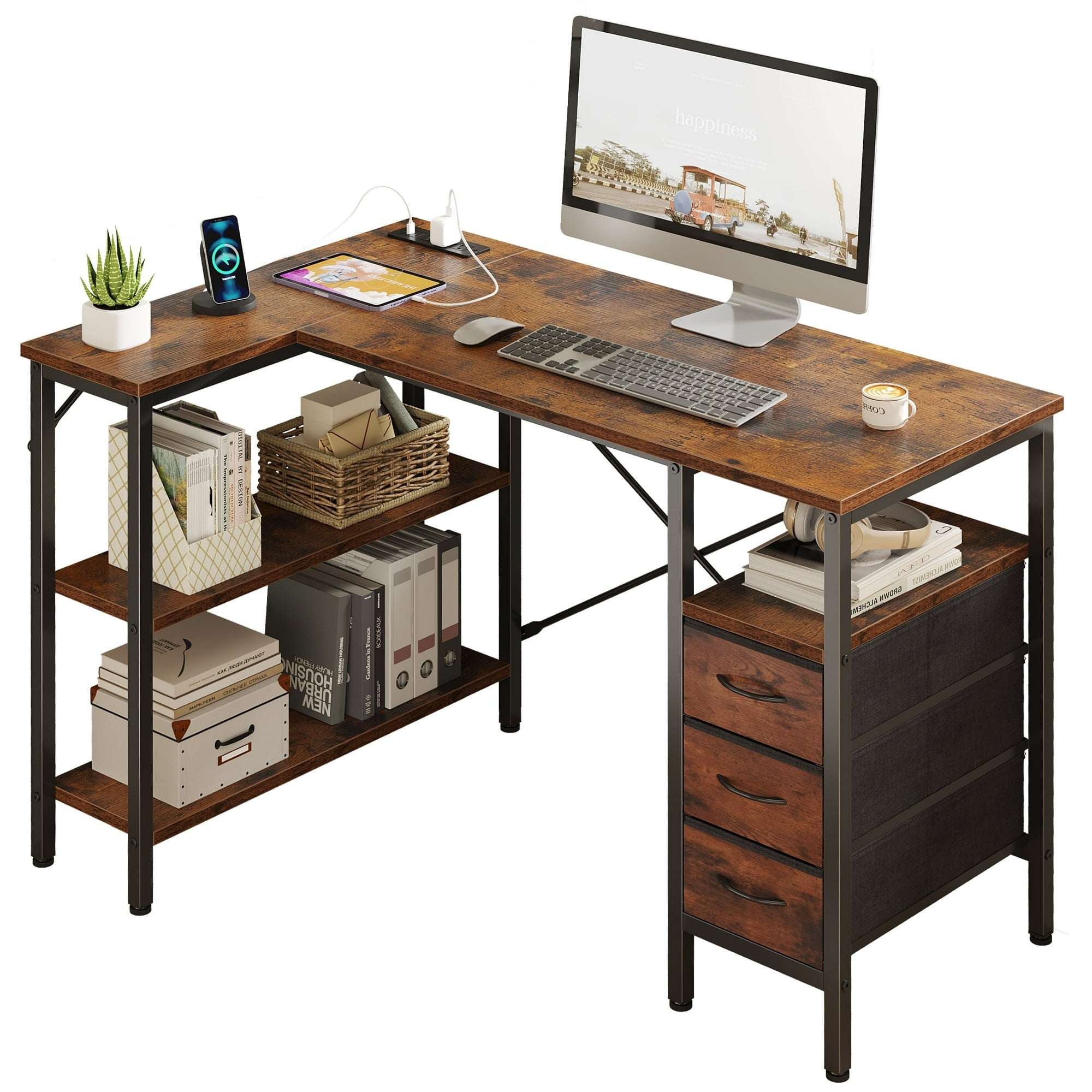 edx Shaped Computer Gaming Desk with 3 Drawers, Power Outlets, USB Ports, Monitor Stand, Corner Desk for Home Office