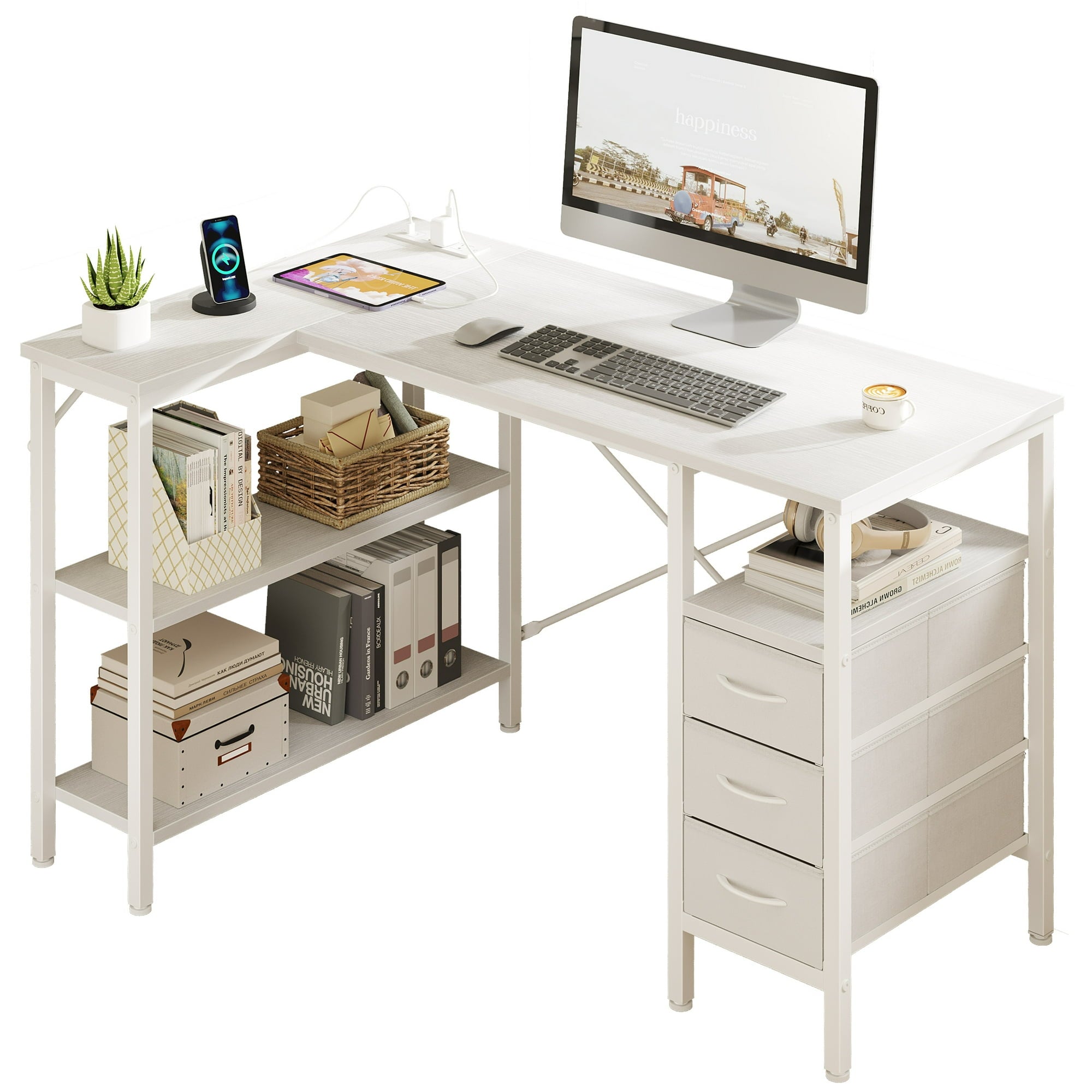 edx Shaped Computer Gaming Desk with 3 Drawers, Power Outlets, USB Ports, Monitor Stand, Corner Desk for Home Office