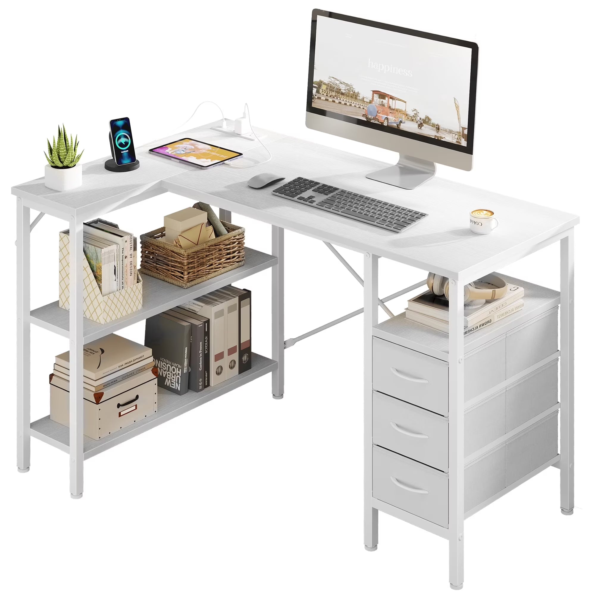 EDX L Shaped Desk with Power Outlets, Computer Desk with 3 Drawers, Shelves, Monitor Stand, for Gaming, Corner Work, Home Office, Study
