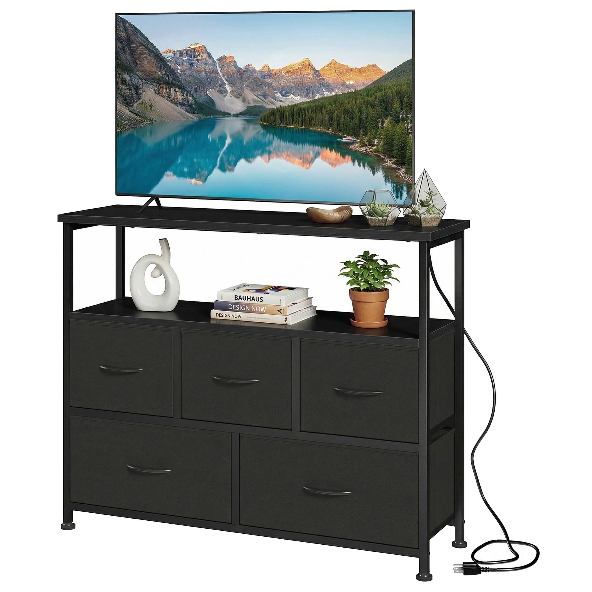 edx 5 Drawers TV Stand Dresser for 45" TV, Modern Media Console with Charging Station & 2 Shelves, Storage Organizer for Bedroom Living Room, Black
