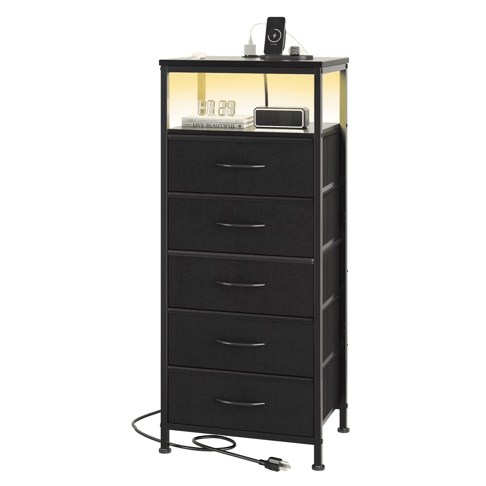 edx  Fabric Drawers Nightstand with Charging Station & USB/Type-C Ports and Outlets, Variable Light Strip Bedside End Table with Adjustable Feet for Bedroom