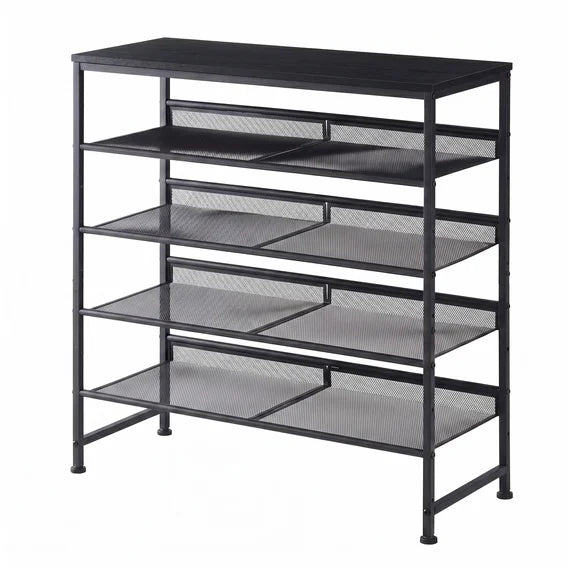 edx 5-Tier Metal Shoe Rack Organizer for Entryway, 16-20 Pairs Shoe Storage Shelf, Black with Wooden Top