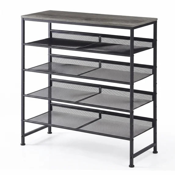 edx 5-Tier Metal Shoe Rack Organizer for Entryway, 16-20 Pairs Shoe Storage Shelf, Black with Wooden Top