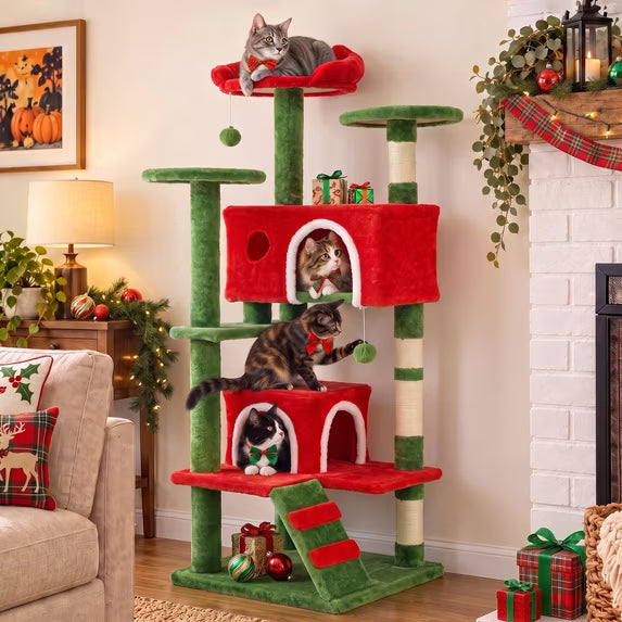 edx Christmas Multi‑Level Cat Tree, Cat Tower with Natural Sisal Scratching Posts, 4 Spacious Tiers & Hanging Toy for 1‑2 Cats & Active Cats