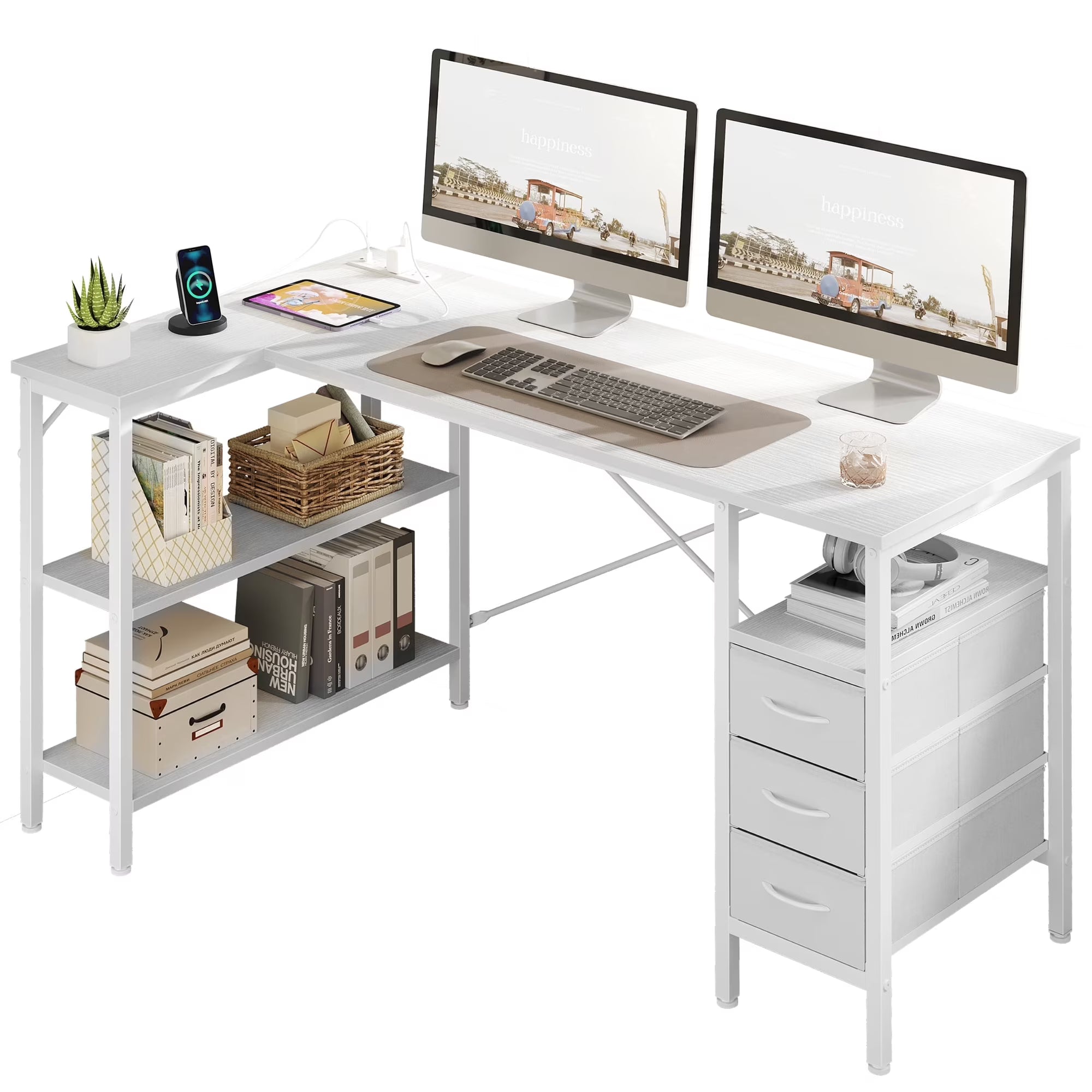 EDX L Shaped Desk with Power Outlets, Computer Desk with 3 Drawers, Shelves, Monitor Stand, for Gaming, Corner Work, Home Office, Study