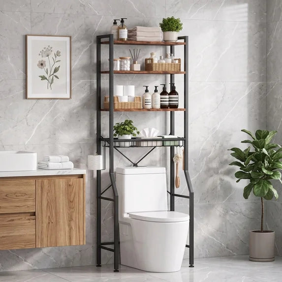 edx Over-The-Toilet Storage Rack, 4-Tier Space Saver Bathroom Organizer Shelf with Basket, Hooks & Paper Holder, Storage Cabinet Above Toilet for Room