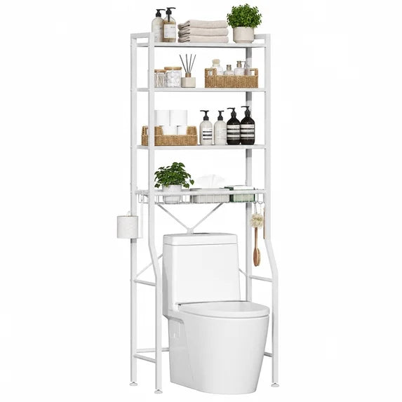 edx Over-The-Toilet Storage Rack, 4-Tier Space Saver Bathroom Organizer Shelf with Basket, Hooks & Paper Holder, Storage Cabinet Above Toilet for Room