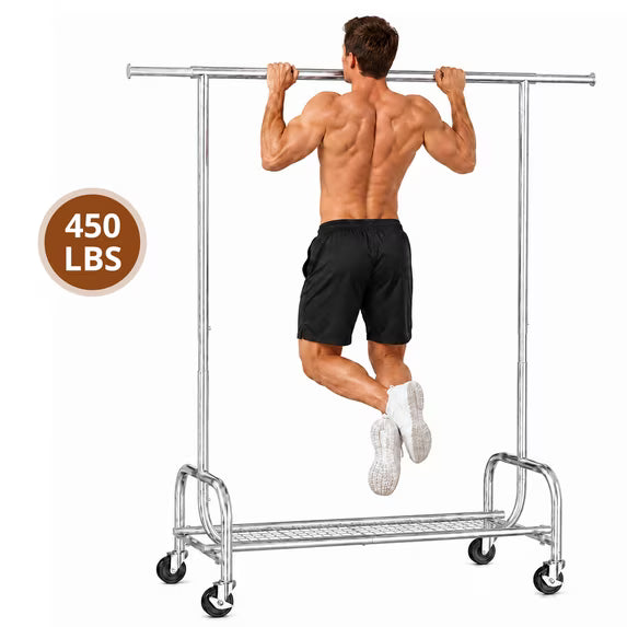 edx Clothes Rack with Wheels, 450 LBS Heavy Duty Clothing Rack for Hanging with Adjustable Height, Portable Rolling Garment Stand with Mesh Shelf and Extendable Rod for Bedroom Laundry