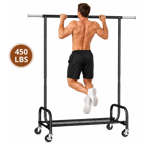 edx Clothes Rack with Wheels, 450 LBS Heavy Duty Clothing Rack for Hanging with Adjustable Height, Portable Rolling Garment Stand with Mesh Shelf and Extendable Rod for Bedroom Laundry