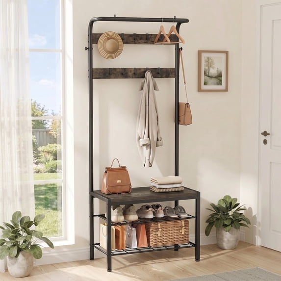 edx 4-in-1 Coat Rack with Shoe Bench and Hall Tree, entryway bench with 10 Removable Coat Hooks, Sturdy Steel & Wood Entryway Organizer, Anti-Tip Design
