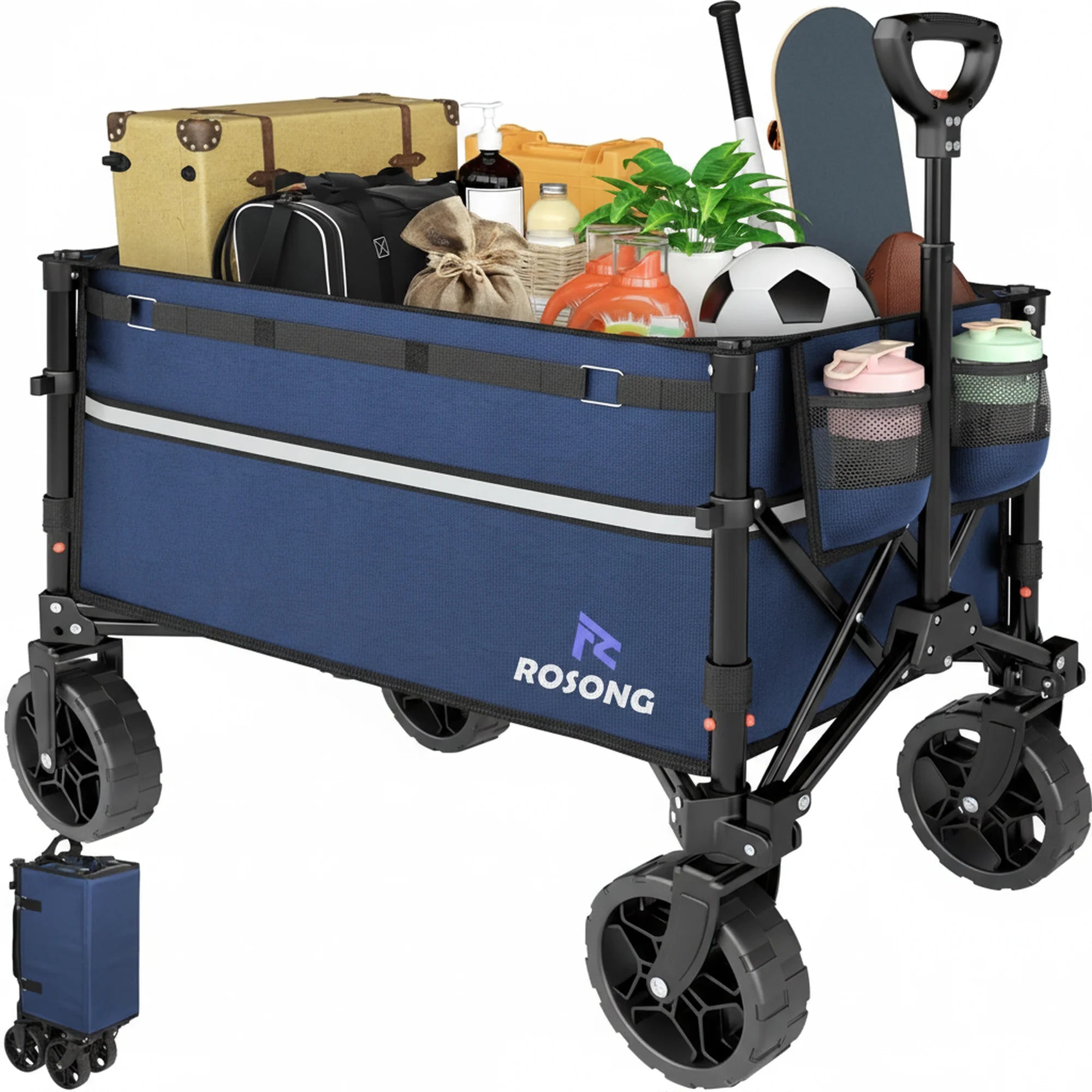 edx Collapsible Folding Wagon, Heavy Large Capacity Garden Wagon, Big Bucket Beach Cart with Multi-Terrain Brake Wheels for Outdoor Camping, Shopping