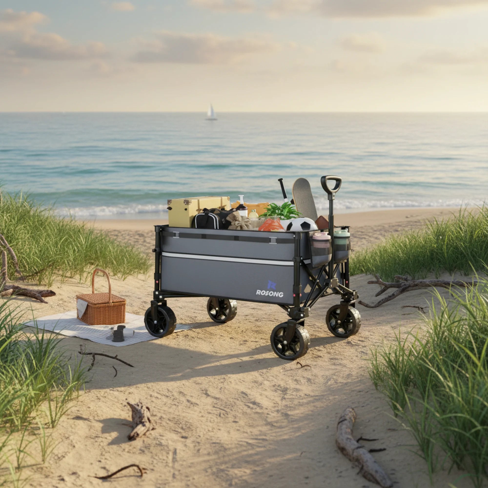 edx Collapsible Folding Wagon, Heavy Large Capacity Garden Wagon, Duty Utility Cart with All-Terrain Wheels for Outdoor Camping, Shopping