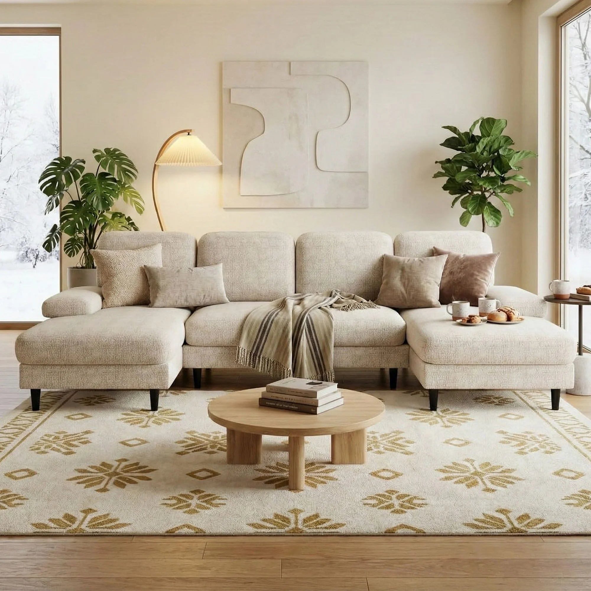 edx 6 Seat Sofa Couch for Living Room, Linen Fabric U-Shaped Sofa Bed with Removable Pillows for Home and Apartment
