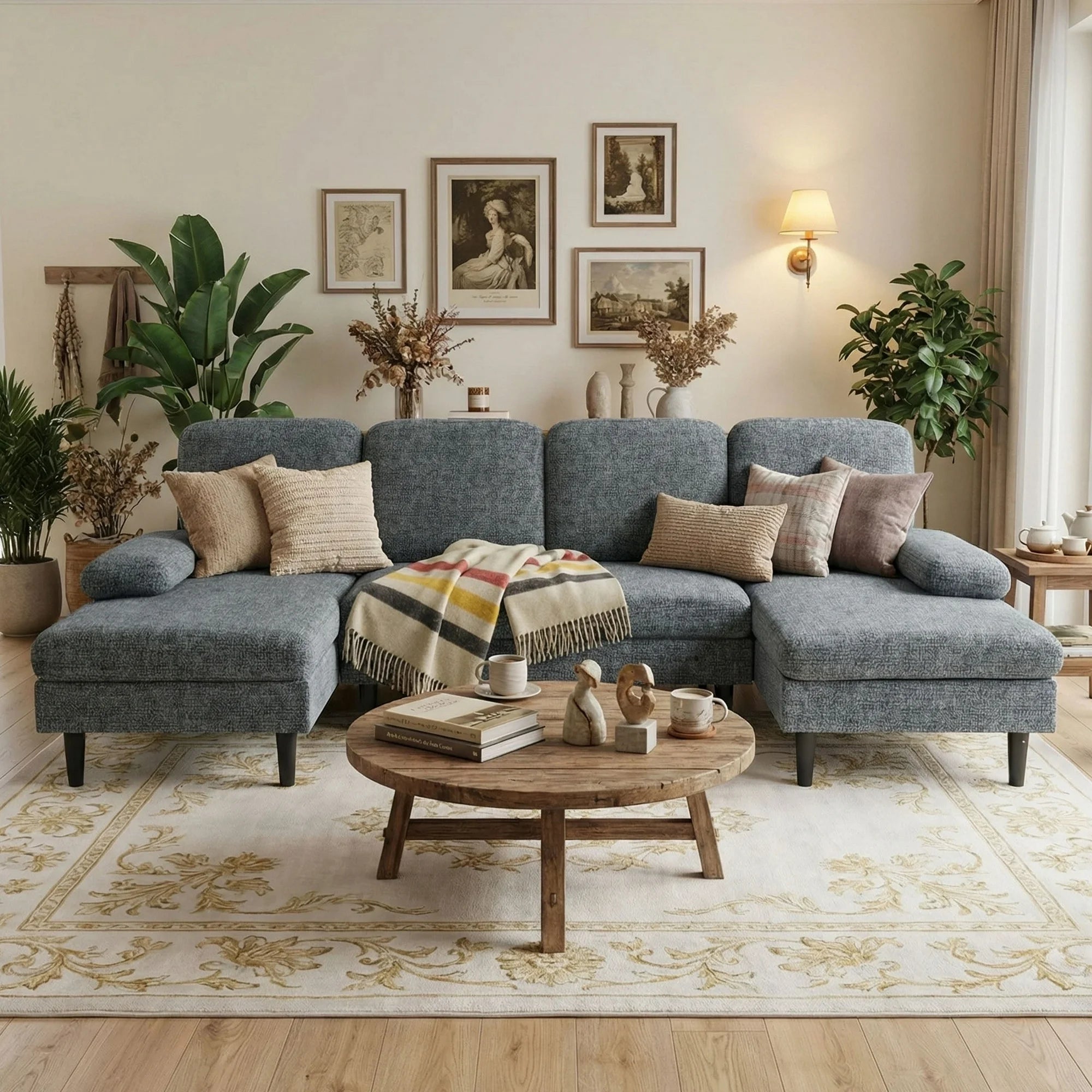 edx 6 Seat Sofa Couch for Living Room, Linen Fabric U-Shaped Sofa Bed with Removable Pillows for Home and Apartment