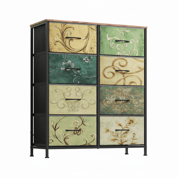 edx Fabric Dresser, Retro Flower Design, Sturdy Steel Frame, Wood Top, and Non Deformable Drawer Panels for Bedroom, Closet, Living Room, Hallway, Nursery
