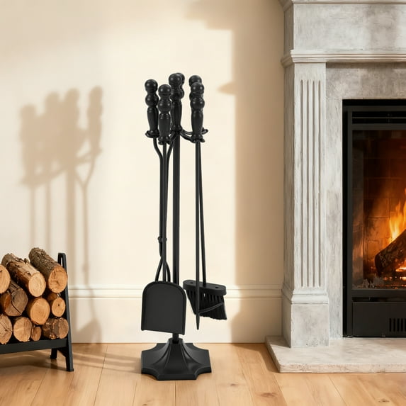 edx Fireplace Tool Set, 5 Pieces Iron 31" Fire Tools with Stand, Brush, Shovel, Poker, Tong, Heavy-Duty for Indoor Outdoor Fireplace Accessories Set