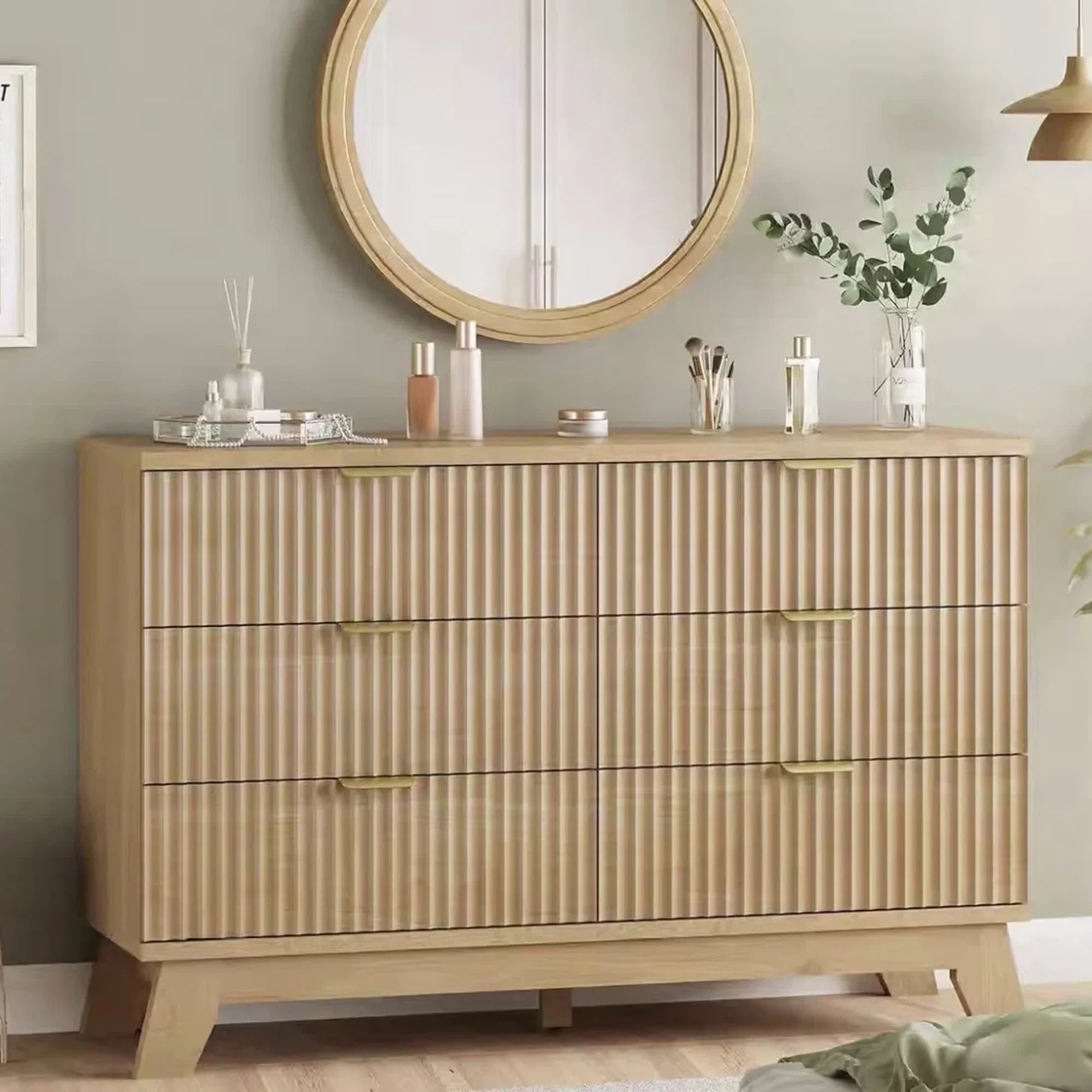 edx Fluted Dresser, Drawer Dresser, Modern Wooden Chest of Drawers with Heightened Legs for Bedroom, Natural
