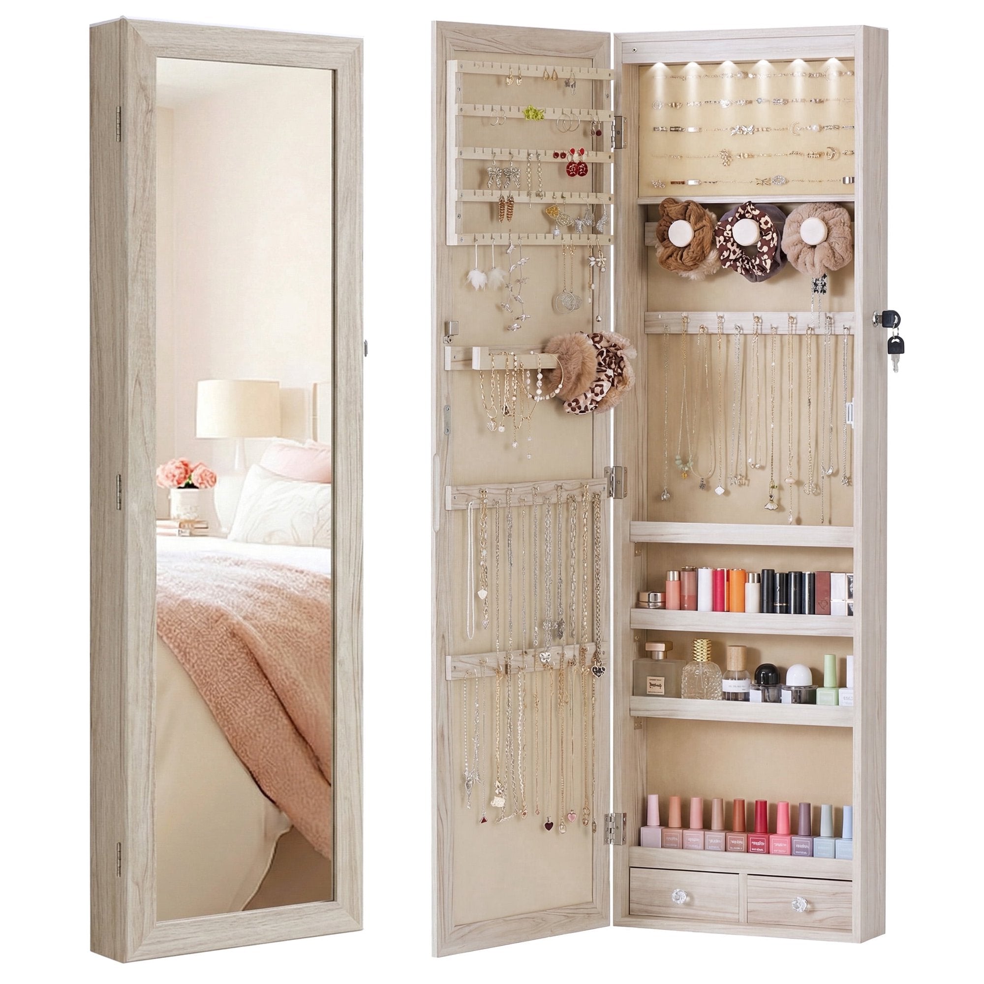 edx Full-Length Mirror Jewelry Cabinet with 6 LED Lights, Wall Door Mounted Large Jewelry Armoire Organizer with Makeup Storage