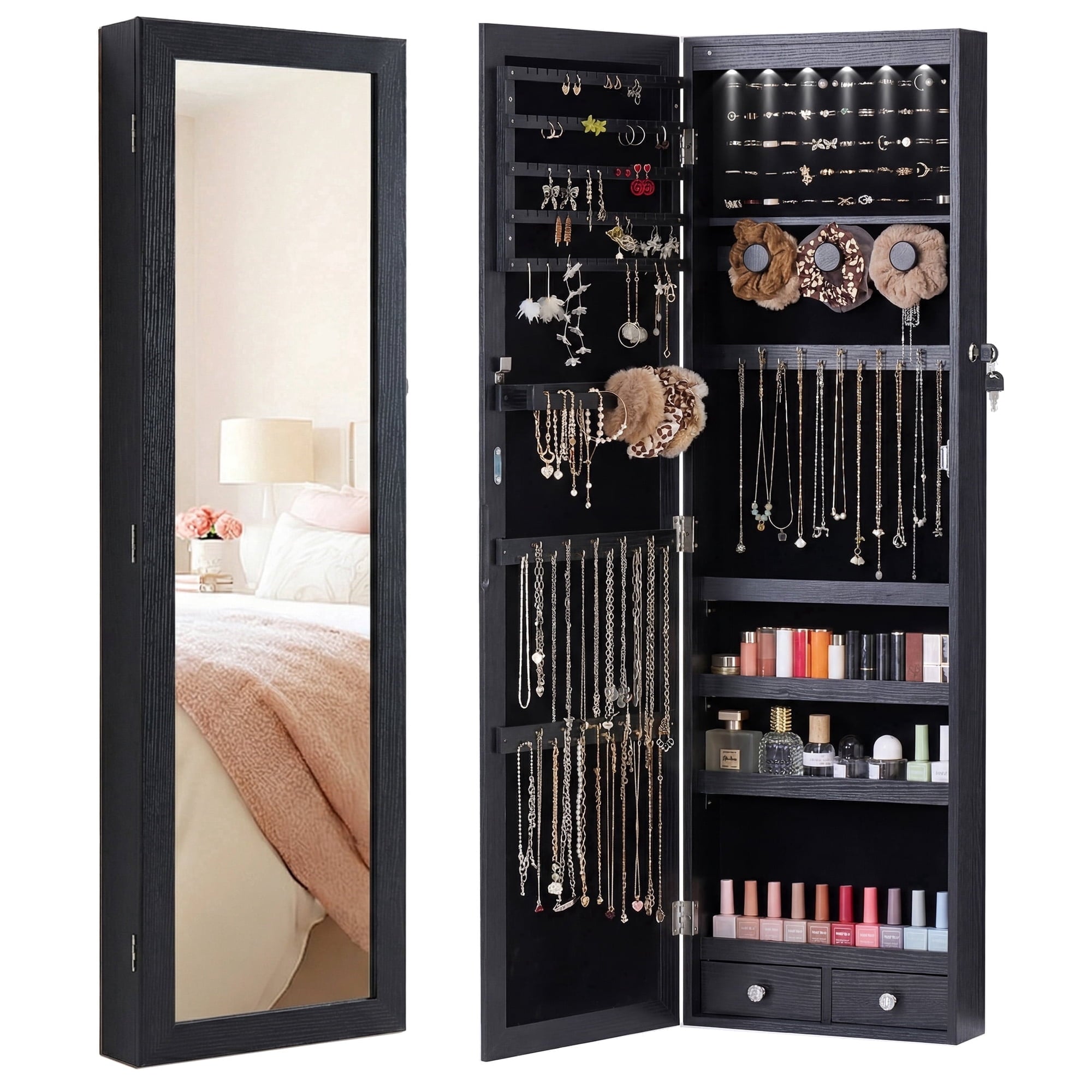 edx Full-Length Mirror Jewelry Cabinet with 6 LED Lights, Wall Door Mounted Large Jewelry Armoire Organizer with Makeup Storage