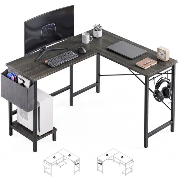 edx L Shaped Computer Desk with Storage Bag and CPU Holder, 50 Inch Office Desk Reversible Corner Design, Heavy Duty Computer Workstation Table for Gaming, Office and Study